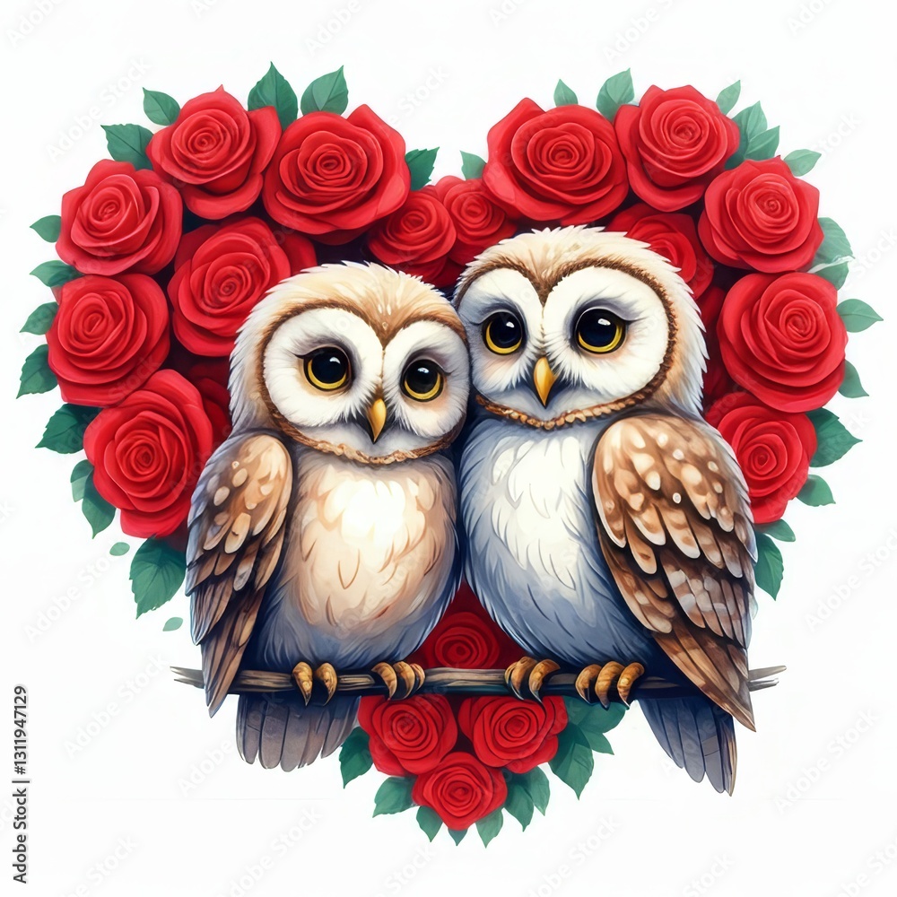 Fototapeta premium Cute Owls in Heart Shaped Roses - This features two adorable cartoon owls nestled together on a branch surrounded by a heart made of vibrant red roses, symbolizing love and affection