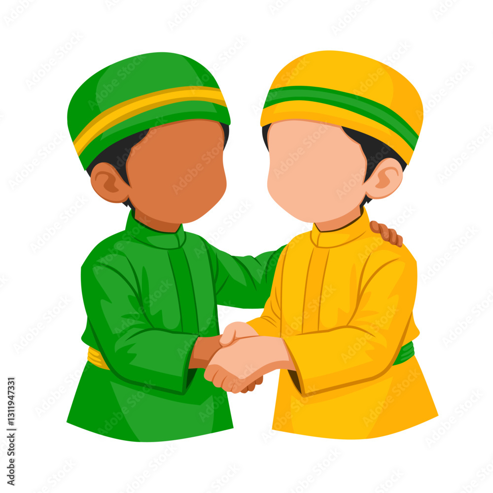 Ied Mubarak celebration. Two boys in traditional Islamic attire warmly shake hands, symbolizing friendship, unity, and respect. Ied Mubarak celebration. Two boys in traditional Islamic attire warmly shake hands, symbolizing friendship, unity, and respect.