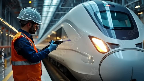 A worker in safety gear observes a high-speed train in a railway facility.