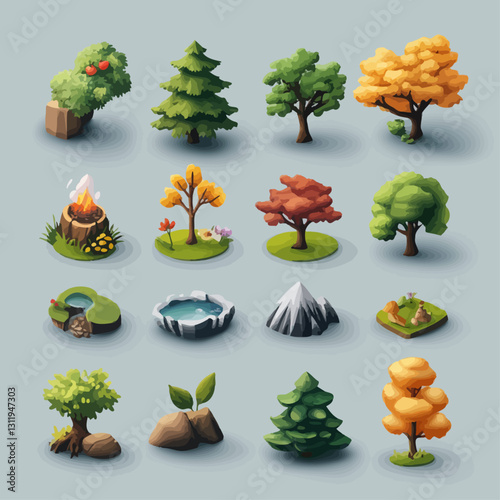 Isometric Game Assets: Trees, Nature Elements, Campfire, and Mountain Peaks