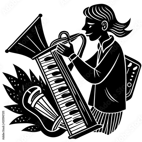 Person playing a musical instrument with joy against a lively background