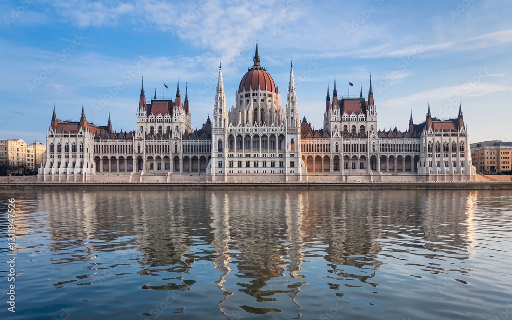 Fototapeta premium Danube River, Hungarian Parliament Building, morning reflection