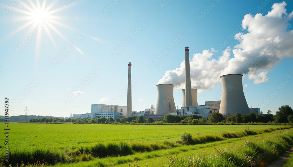 Biomass power station emitting steam in sunny industrial landscape, energy Biomass power station emitting steam in sunny industrial landscape, energy