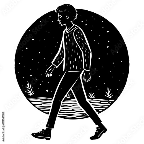 Person walking through landscape at night