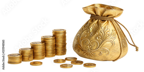 Gold money bag with stacked coins isolated on white background