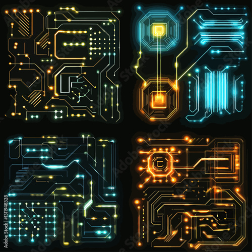 Circuit Board Grid: Tech Illustration with Glowing Lines and Processors