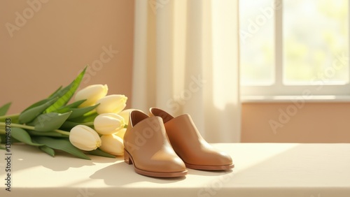 Wooden shoes with tulips, Wooden shoes surrounded by tulips on a soft-lit pastel tablecloth