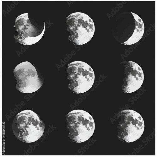 Lunar Cycle: Phases of the Moon in Black and White Cosmic Display