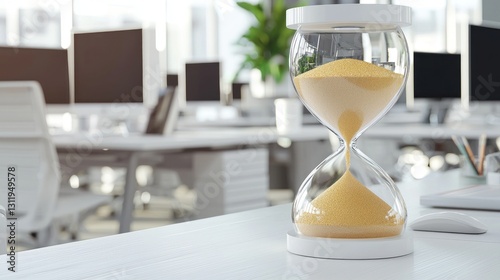 Modern office, hourglass, time passing, blurred computers