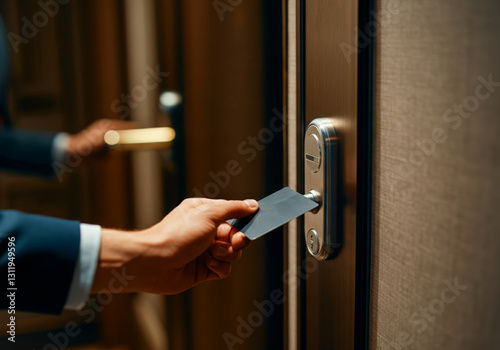Hand opening hotel room door with key card in modern secure lock system