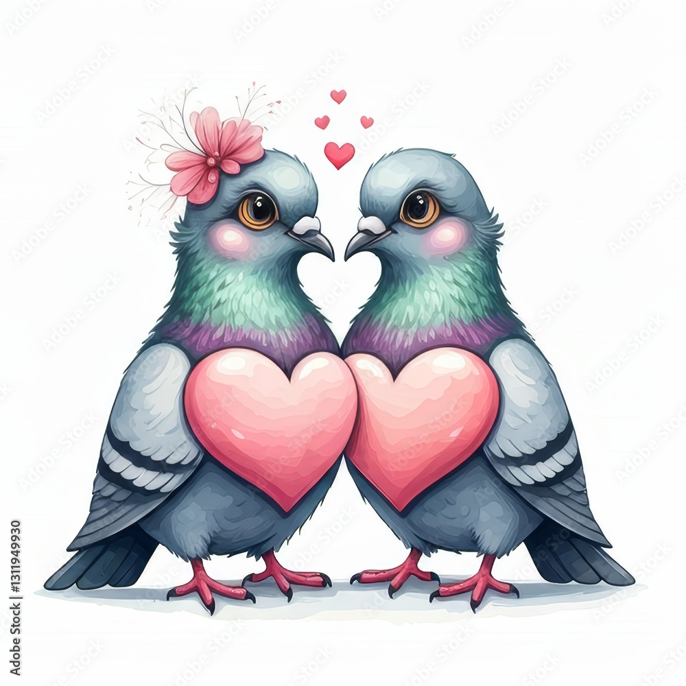 Fototapeta premium Watercolor Cartoon Love Birds with Hearts - This depicts a charming watercolor cartoon of two love birds holding a heart together, adorned with a flower and hearts above them