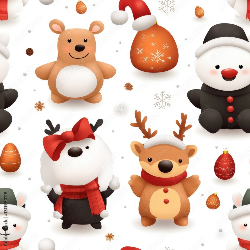 Naklejka premium Seamless Adorable group of christmas bears in festive attire surrounded by colorful decorations and holiday cheerful atmosphere