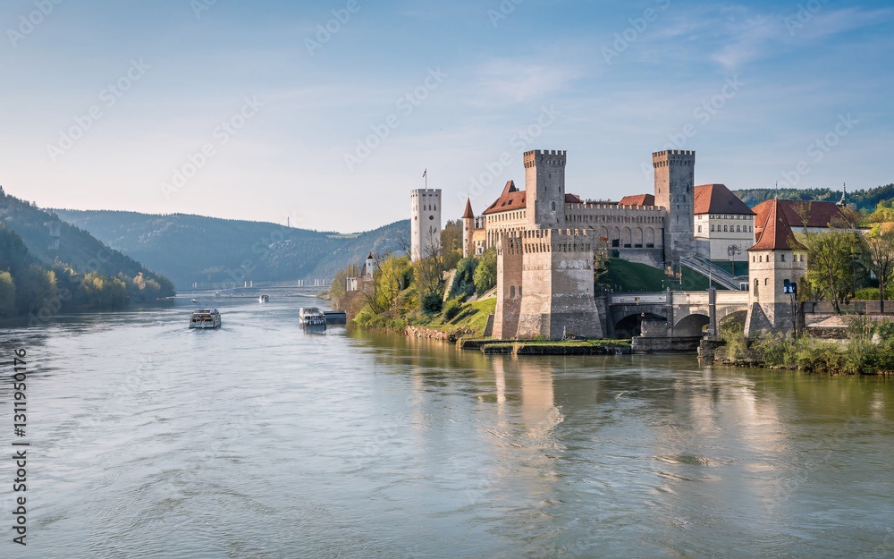 Naklejka premium Danube River, Riverfront castle, scenic autumn view