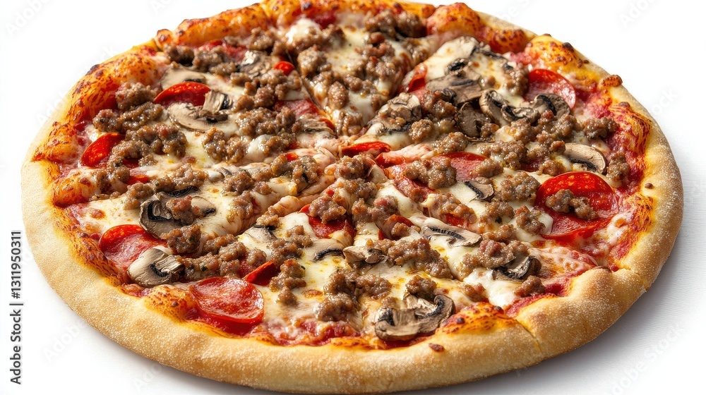 Flat Lay of Supreme Pizza with Sausage and Mushroom Flat Lay of Supreme Pizza with Sausage and Mushroom