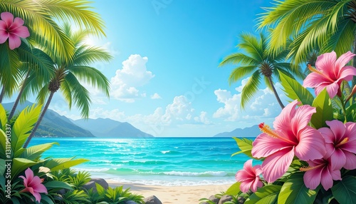 Tropical beach sunrise hawaii landscape art nature vibrant colors