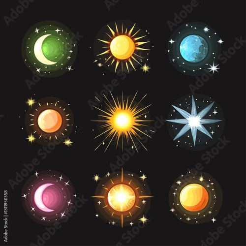Celestial Collection: Sun, Moon, and Star Icons on a Dark Background