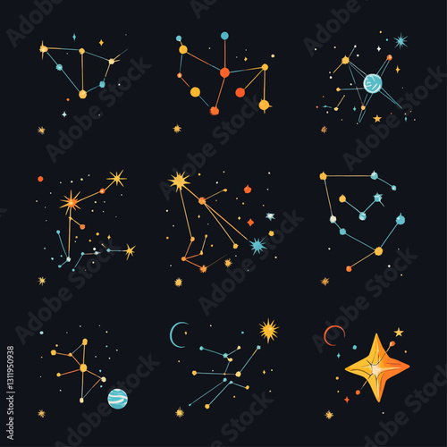 Constellation Set on Dark Backdrop Featuring Star Clusters and Zodiac Signs