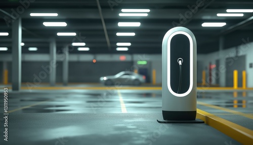 Electric Vehicle Charging Station in Modern Underground Parking Garage at Night photo