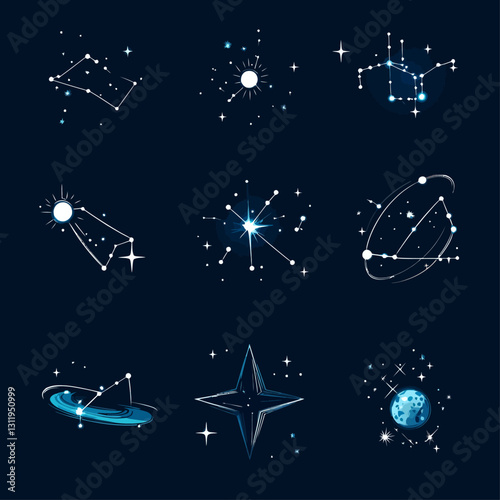 Star Constellations on Navy Background, Astronomical Vector Set, Cosmos