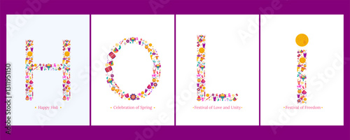Happy Holi. Festival of colors. Indian festival celebration. Vector illustration of colorful lettering with holi celebration icons, flat trendy minimal style.