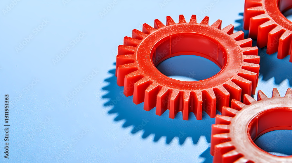 Red plastic gears creating a teamwork concept on blue background Red plastic gears creating a teamwork concept on blue background