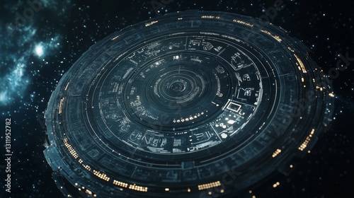 Fototapeta Naklejka Na Ścianę i Meble -  A futuristic circular space station with intricate patterns of glowing lights and symbols, floating amidst a backdrop of stars, representing advanced space technology.. AI Generation