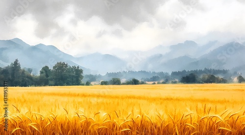 Golden wheat field with mountains in the background under a cloudy sky