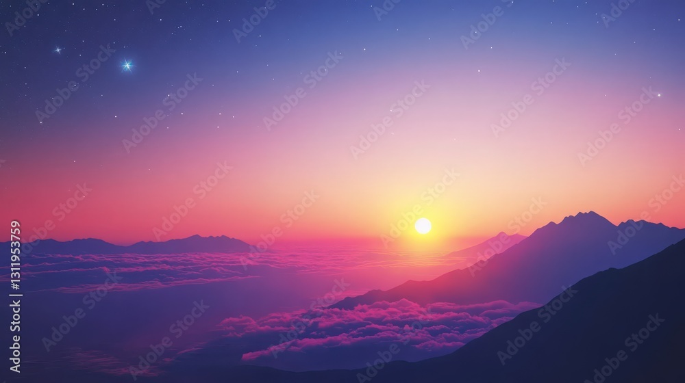 Panoramic View of Majestic Mountains and Sea of Clouds at Sunset Fantasy Panoramic View of Majestic Mountains and Sea of Clouds at Sunset Fantasy