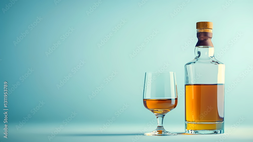Glass and bottle of whisky resting on gradient background Glass and bottle of whisky resting on gradient background
