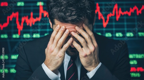 A distressed businessman with his hands on his face, set against a backdrop of fluctuating financial graphs.
