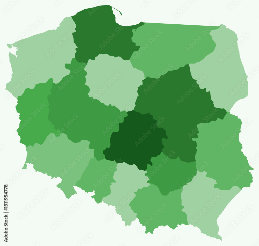 Fototapeta premium Map of Poland with regions. A simple country border map with region division. Green color palette. Blank Poland shape with administrative division. Vector illustration.
