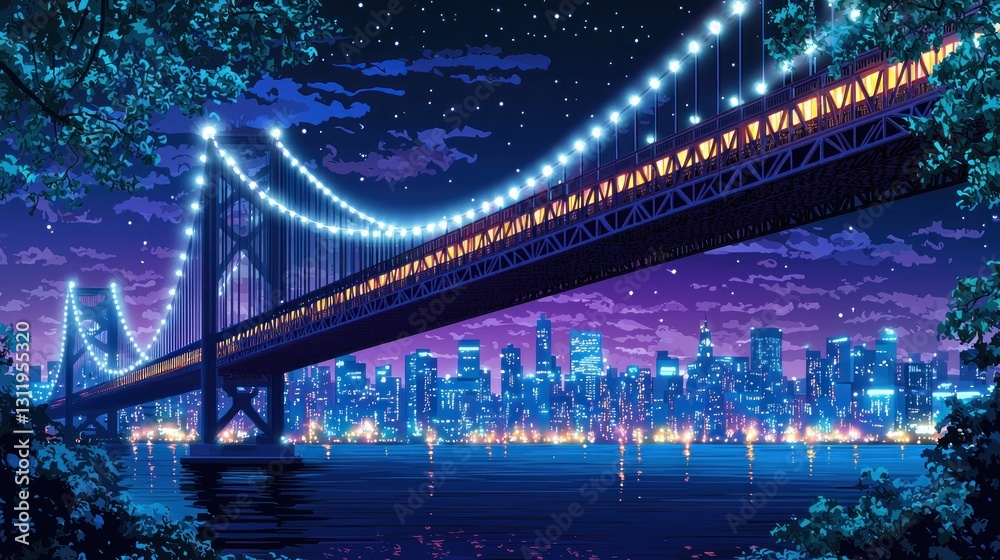 Obraz premium Night cityscape bridge, illuminated city lights, starry sky, lush trees