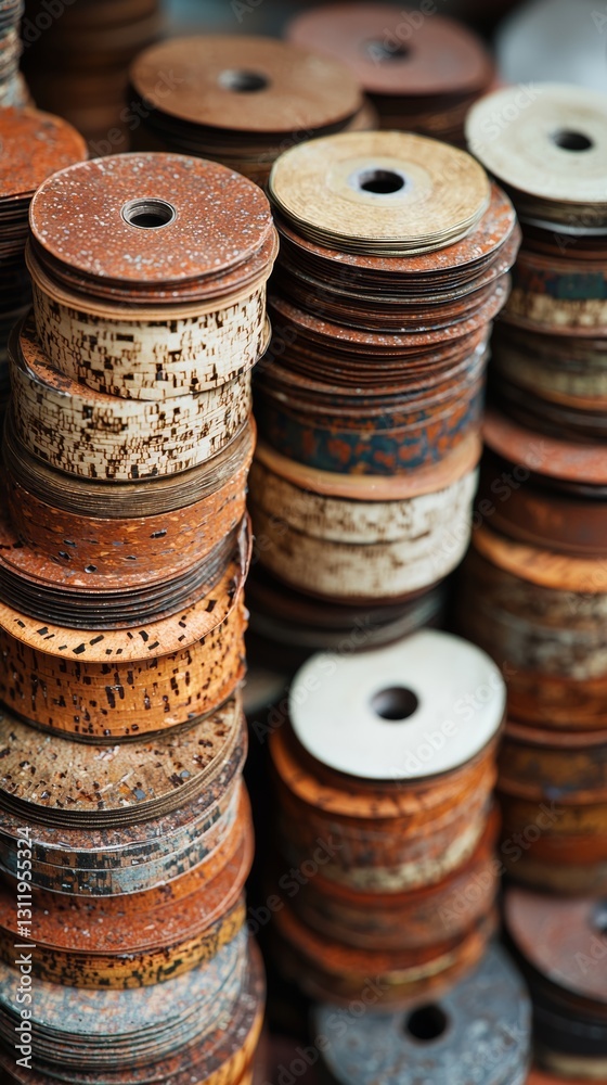 Abstract Stack of Rusty Discs with Rustic, Textured Surfaces, Close-up View Abstract Stack of Rusty Discs with Rustic, Textured Surfaces, Close-up View