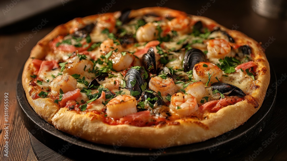 Seafood Pizza with Scallops, Mussels, and Shrimp on Ultr Blue Background Seafood Pizza with Scallops, Mussels, and Shrimp on Ultr Blue Background
