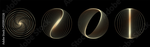 Golden round circle elements in line art style. Abstract gradient geometric shapes