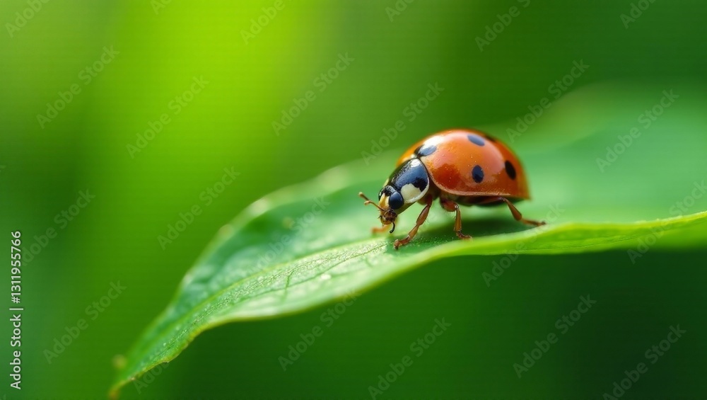 Fototapeta premium A vibrant ladybug delicately traverses a verdant leaf, a symbol of nature's intricate beauty and the serene harmony of the natural world.