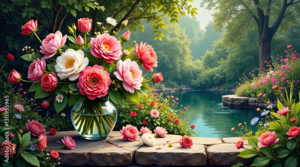 Fototapeta premium Serene Garden Vista Featuring a Vase of Delicate Pink and White Roses by a Calm Pond