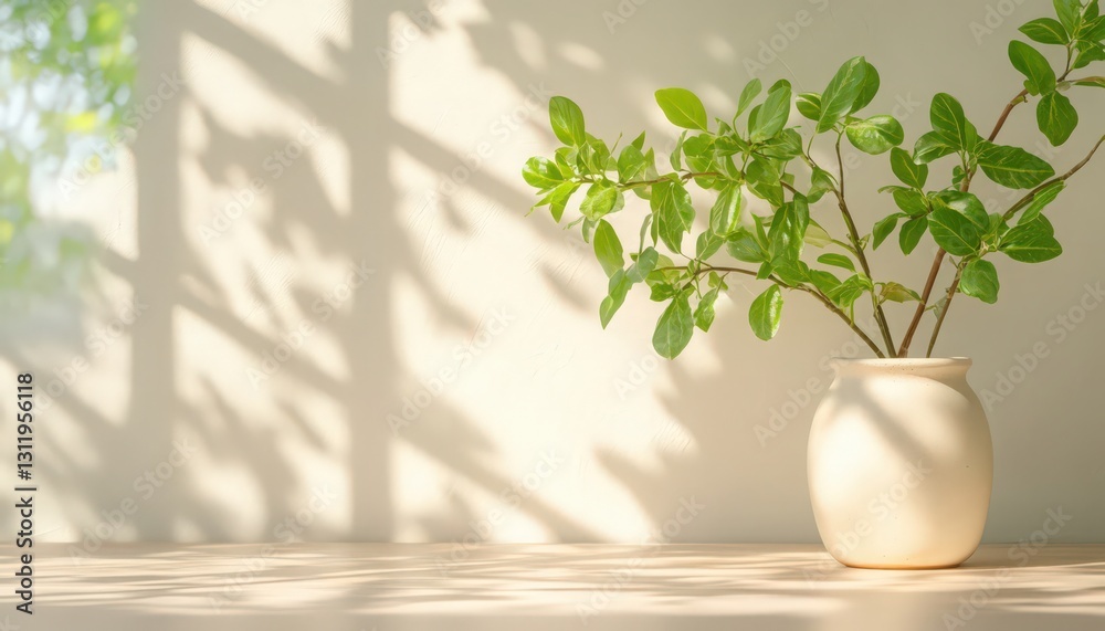 Fototapeta premium Green Plant in White Vase with Sunlight and Window Shadows