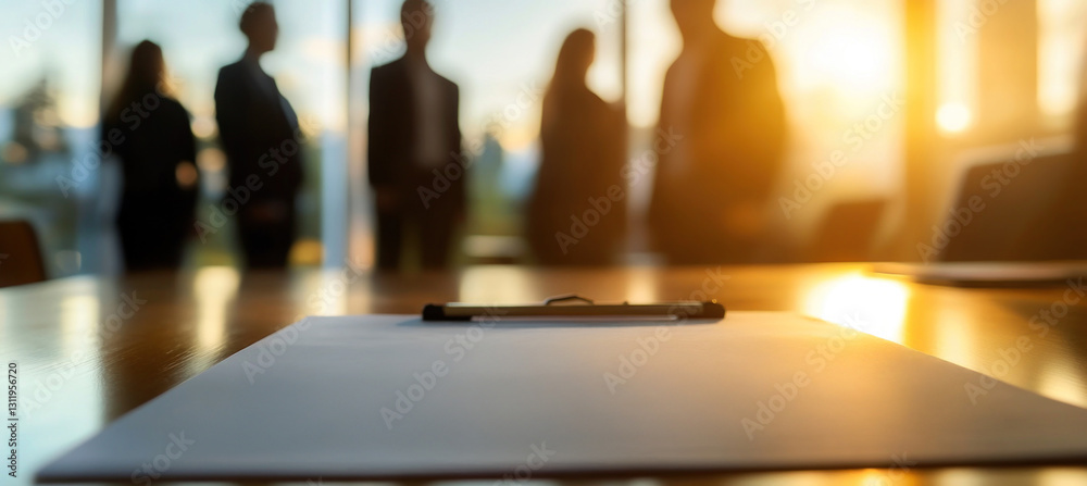 custom made wallpaper toronto digitalUn contrat vierge et un stylo sur un bureau en premier plan avec des hommes d'affaires et femmes d'affaires flous, se tenant debout, avec coucher de soleil en arrière-plan.