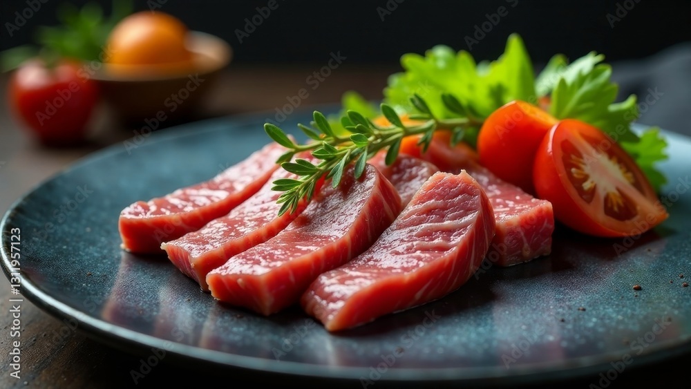Fresh Raw Sashimi-Style Meat Slices with Herb Garnish and Ripe Tomatoes on Dark Plate Fresh Raw Sashimi-Style Meat Slices with Herb Garnish and Ripe Tomatoes on Dark Plate