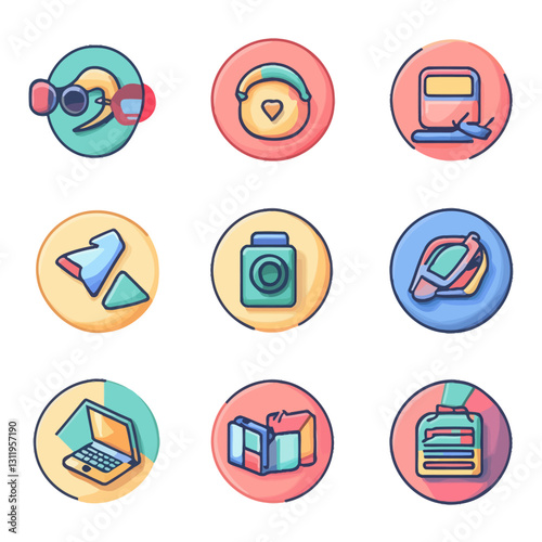 Icon set featuring diverse objects in modern vibrant and playful colors