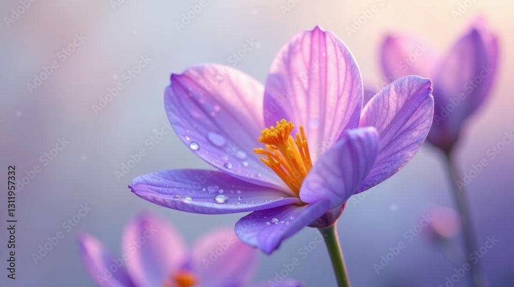 A Delicate Purple Blossom with Morning Dew Drops, Illuminated by Soft Sunlight A Delicate Purple Blossom with Morning Dew Drops, Illuminated by Soft Sunlight
