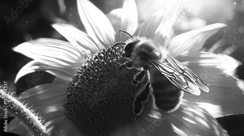 Monochrome floral pollination: a diligent bee tending to a bright sunflower