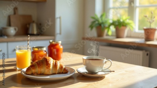 Wallpaper Mural Morning sunlight illuminates a delightful breakfast scene featuring a warm croissant, a cup of steaming coffee, orange juice, and jars of preserves on a light wood table. Torontodigital.ca