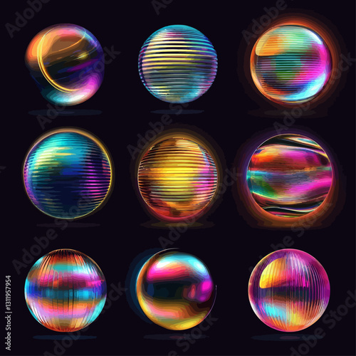 Abstract iridescent orbs, colorful sphere collection on dark backdrop
