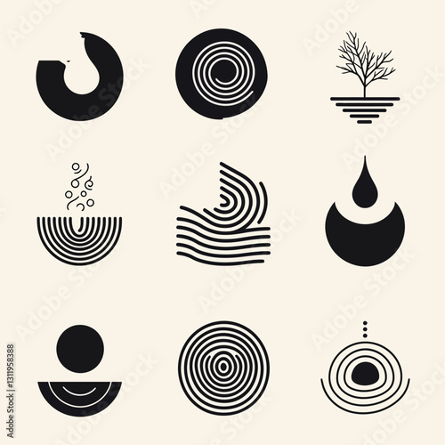 Abstract Black Shapes Collection on Beige Background - Nature and Water
