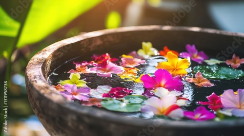 Vibrant water bowl with tropical flowers and floating petals, symbolizing serenity and renewal.