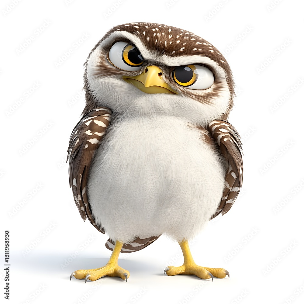 Fototapeta premium Grumpy Cartoon Owl with Brown and White Plumage on White Background