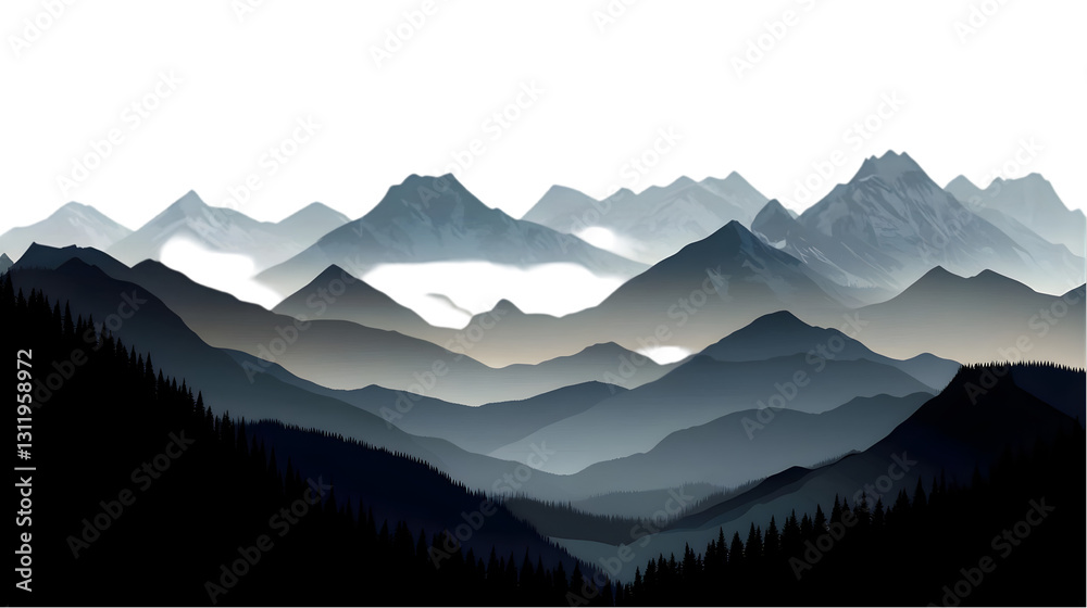 Obraz premium Majestic Mountainscape: Peaks and Valleys Isolated on White