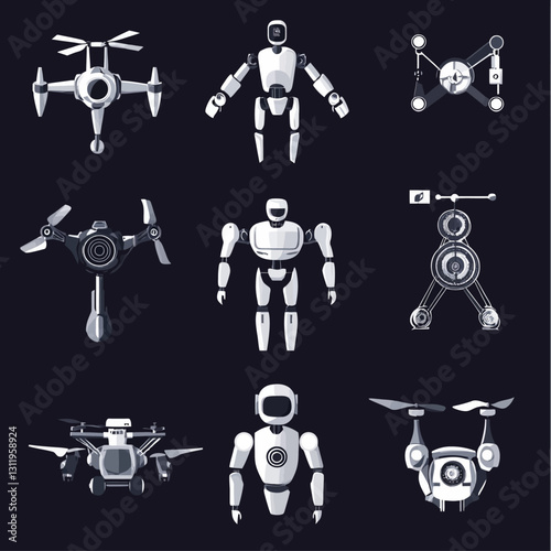 Assorted Robots and Drones on Dark Background Showcasing Future Tech